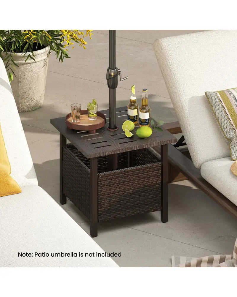 Outdoor Side Table All-Weather PE Wicker Patio Table with Umbrella Hole-Brown - Brown - Patio Coffee Tables
