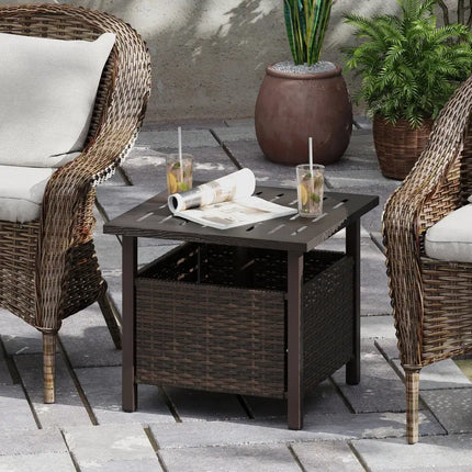 Outdoor Side Table All-Weather PE Wicker Patio Table with Umbrella Hole-Brown - Brown - Patio Coffee Tables