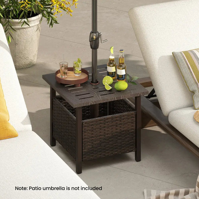 Outdoor Side Table All-Weather PE Wicker Patio Table with Umbrella Hole-Brown - Brown - Patio Coffee Tables
