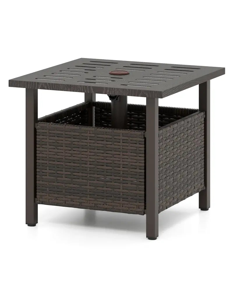 Outdoor Side Table All-Weather PE Wicker Patio Table with Umbrella Hole-Brown - Brown - Patio Coffee Tables