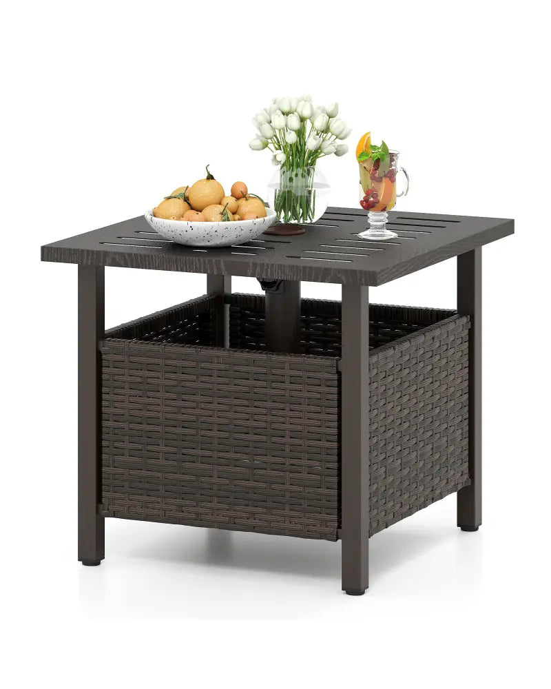 Outdoor Side Table All-Weather PE Wicker Patio Table with Umbrella Hole-Brown - Brown - Patio Coffee Tables