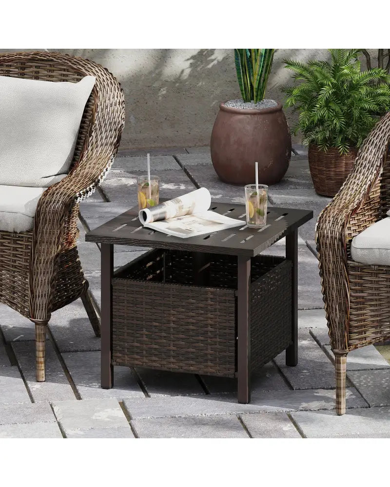 Outdoor Side Table All-Weather PE Wicker Patio Table with Umbrella Hole-Brown - Brown - Patio Coffee Tables