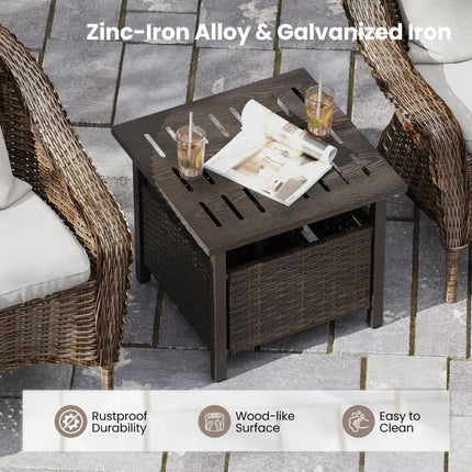 Outdoor Side Table All-Weather PE Wicker Patio Table with Umbrella Hole-Brown - Brown - Patio Coffee Tables