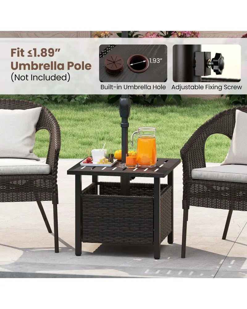 Outdoor Side Table All-Weather PE Wicker Patio Table with Umbrella Hole-Brown - Brown - Patio Coffee Tables