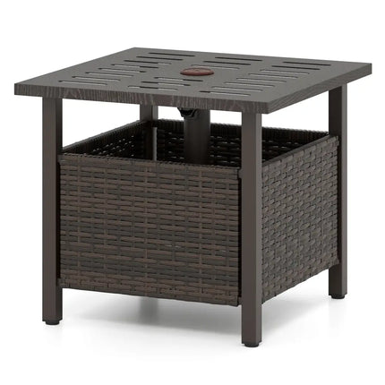 Outdoor Side Table All-Weather PE Wicker Patio Table with Umbrella Hole-Brown - Brown - Patio Coffee Tables