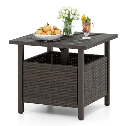 Outdoor Side Table All-Weather PE Wicker Patio Table with Umbrella Hole-Brown - Brown - Patio Coffee Tables