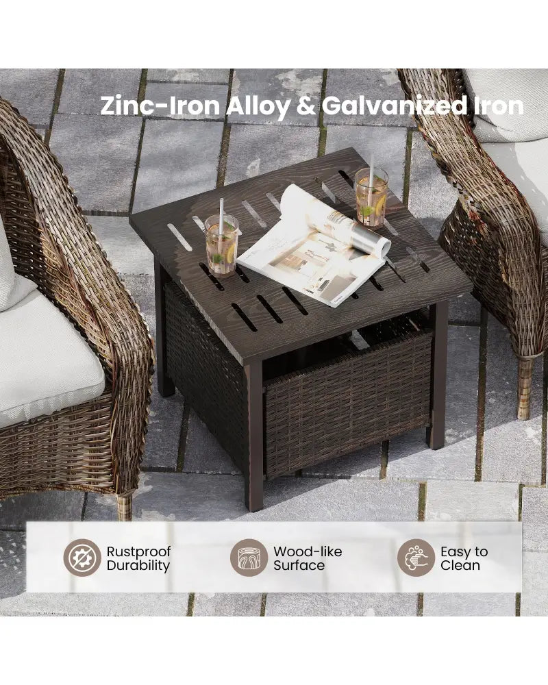 Outdoor Side Table All-Weather PE Wicker Patio Table with Umbrella Hole-Brown - Brown - Patio Coffee Tables