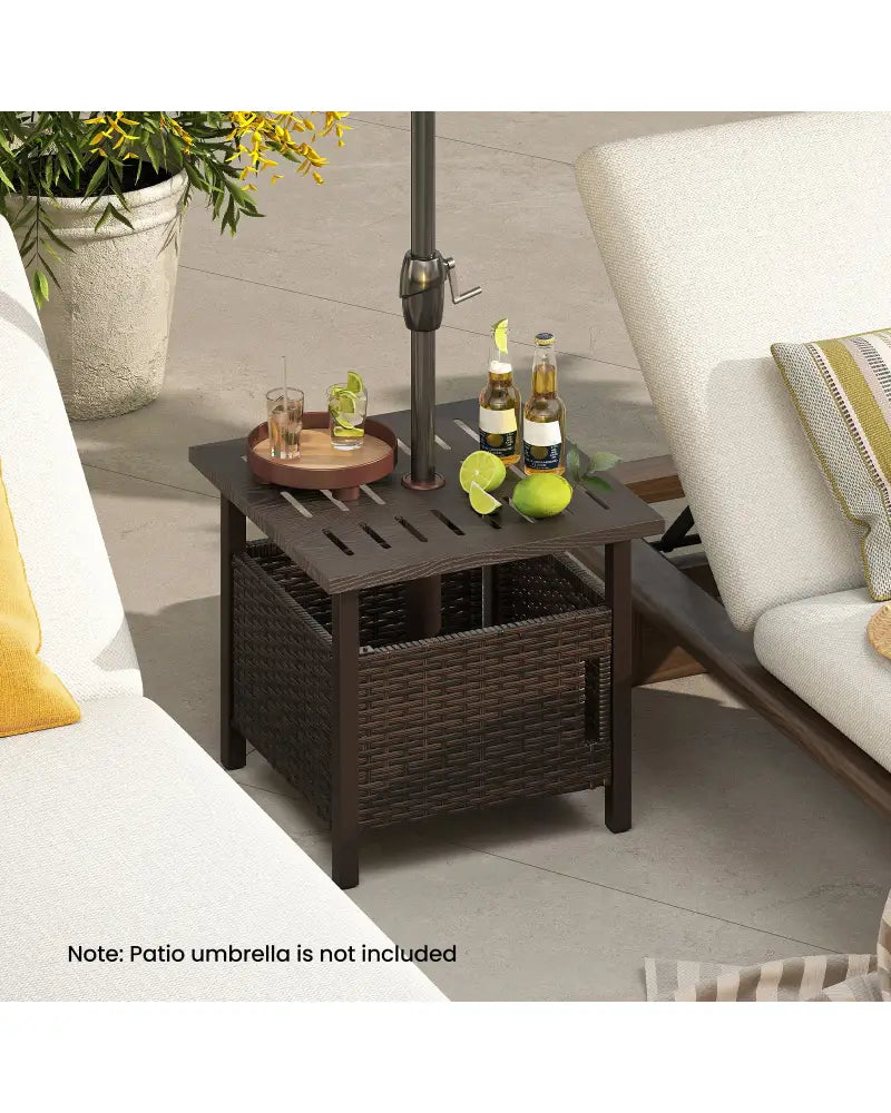 Outdoor Side Table with 1.93’’ Umbrella Hole All-Weather PE Wicker Patio Umbrella Table-Brown - Brown - Patio Coffee