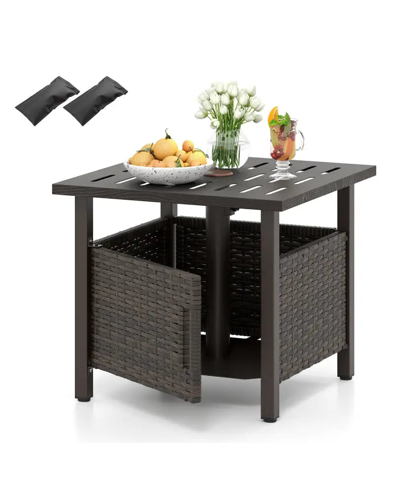 Outdoor Side Table with 1.93’’ Umbrella Hole All-Weather PE Wicker Patio Umbrella Table-Brown - Brown - Patio Coffee