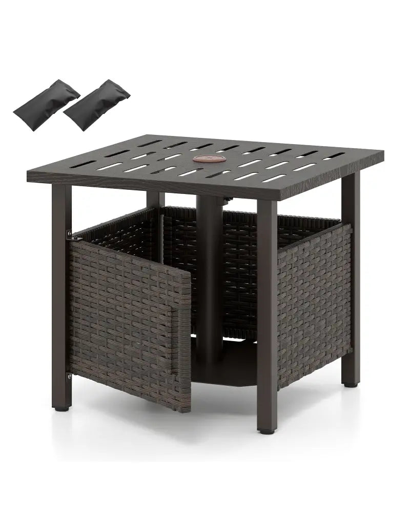 Outdoor Side Table with 1.93’’ Umbrella Hole All-Weather PE Wicker Patio Umbrella Table-Brown - Brown - Patio Coffee