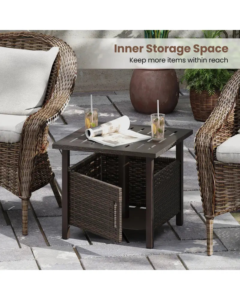 Outdoor Side Table with 1.93’’ Umbrella Hole All-Weather PE Wicker Patio Umbrella Table-Brown - Brown - Patio Coffee