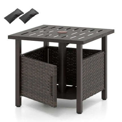 Outdoor Side Table with 1.93’’ Umbrella Hole All-Weather PE Wicker Patio Umbrella Table-Brown - Brown - Patio Coffee