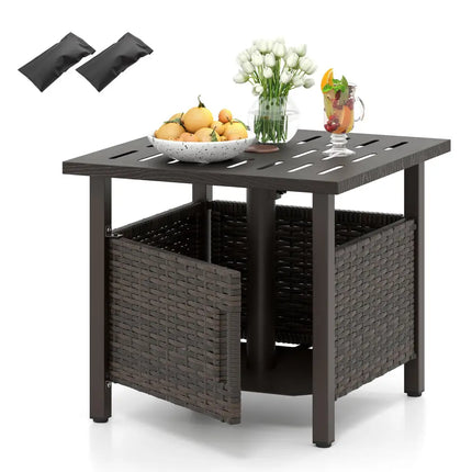 Outdoor Side Table with 1.93’’ Umbrella Hole All-Weather PE Wicker Patio Umbrella Table-Brown - Brown - Patio Coffee