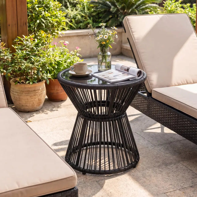 Outdoor Side Table with LED Warm Light and Tempered Glass Top-Black - Black - Patio Coffee Tables