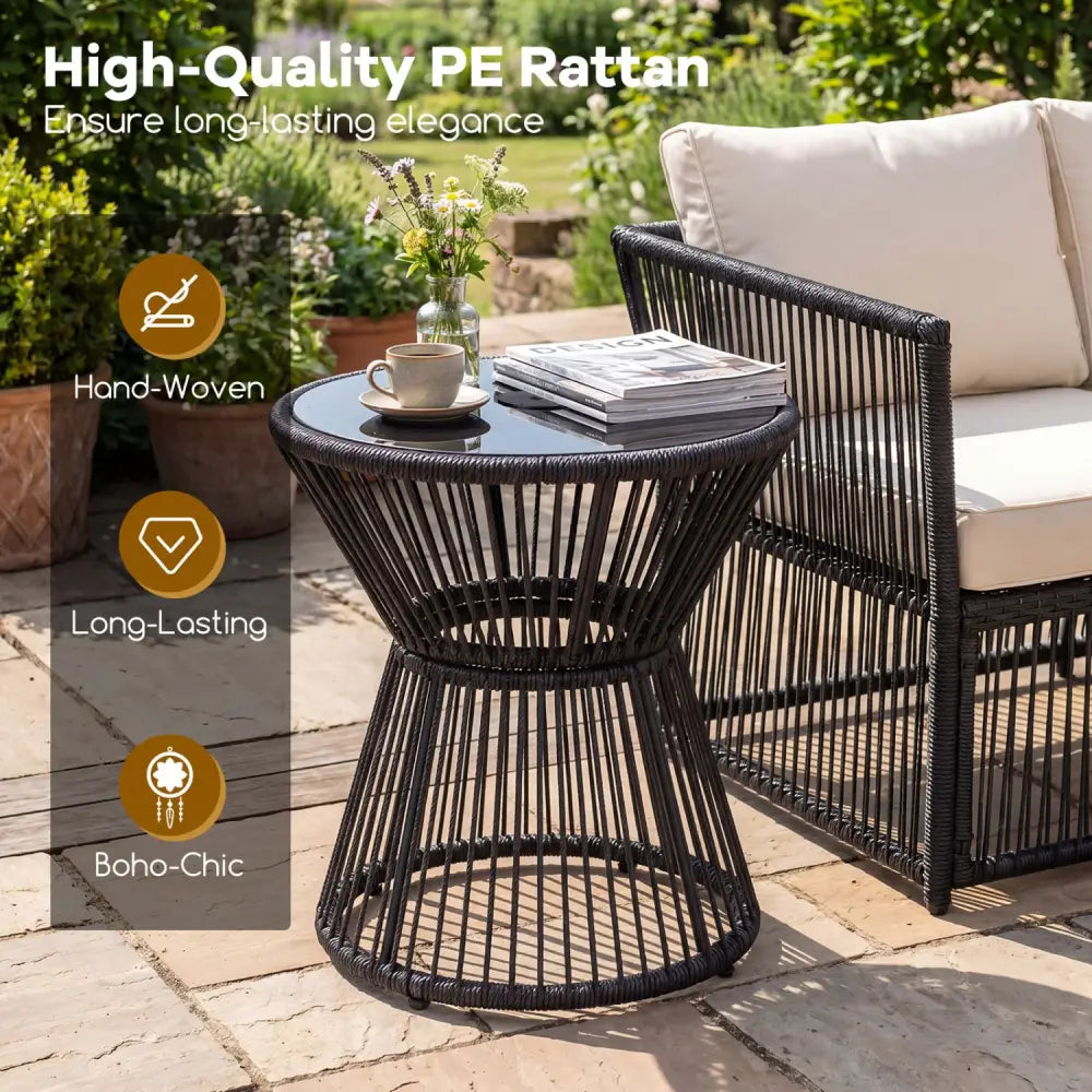 Outdoor Side Table with LED Warm Light and Tempered Glass Top-Black - Black - Patio Coffee Tables