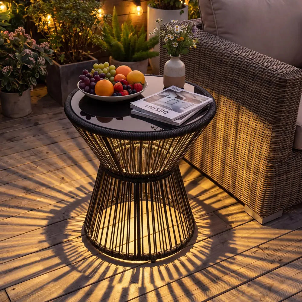 Outdoor Side Table with LED Warm Light and Tempered Glass Top-Black - Black - Patio Coffee Tables