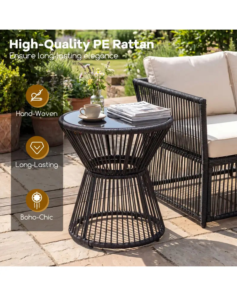 Outdoor Side Table with LED Warm Light and Tempered Glass Top-Black - Black - Patio Coffee Tables