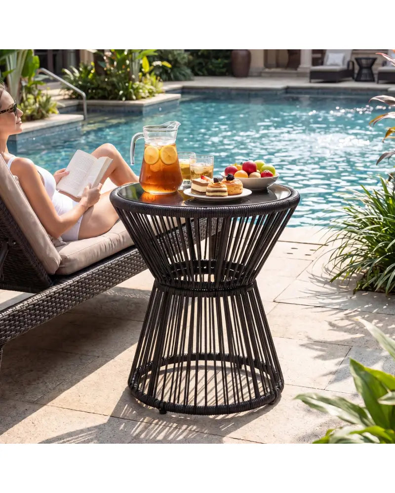 Outdoor Side Table with LED Warm Light and Tempered Glass Top-Black - Black - Patio Coffee Tables