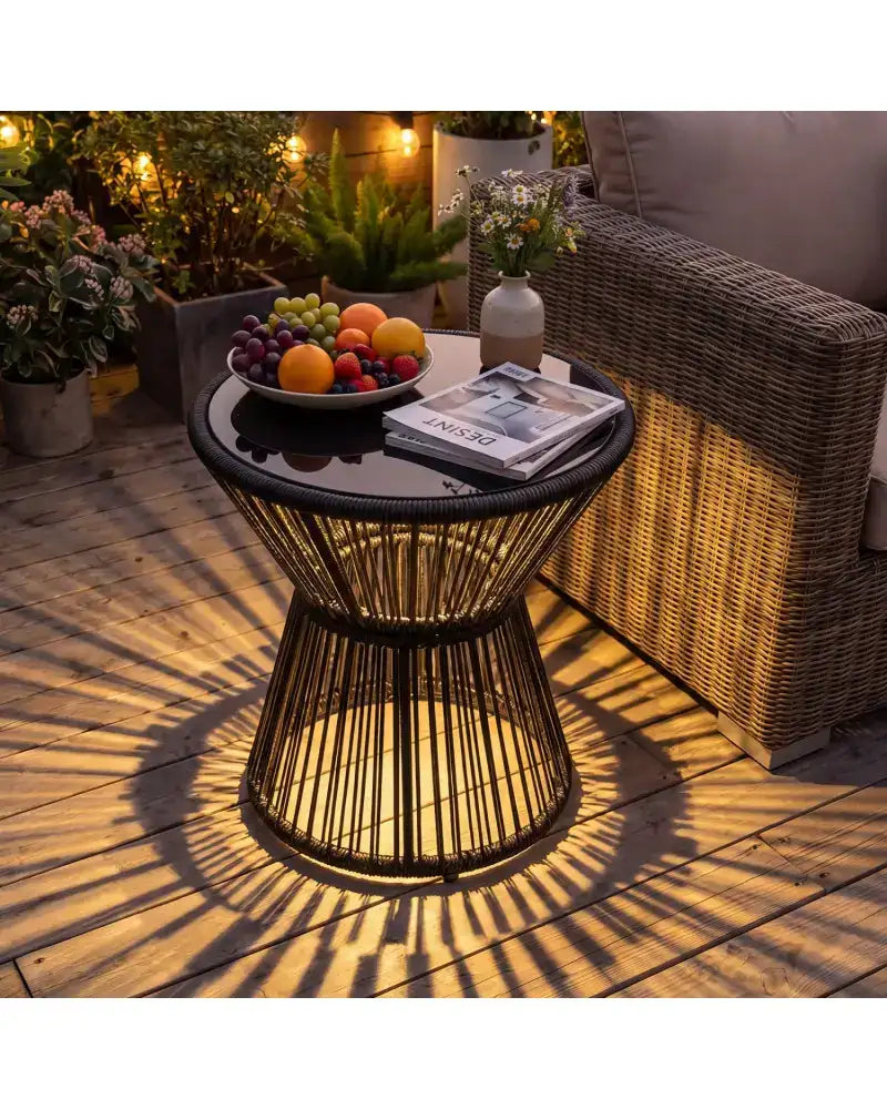 Outdoor Side Table with LED Warm Light and Tempered Glass Top-Black - Black - Patio Coffee Tables