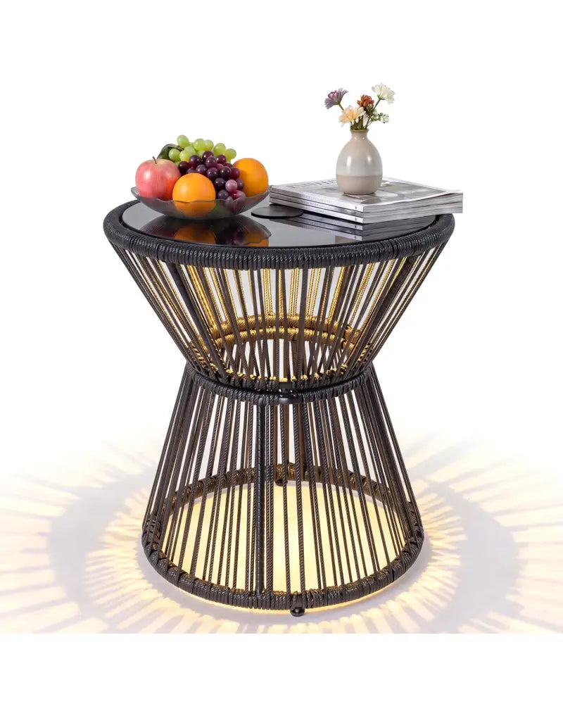 Outdoor Side Table with LED Warm Light and Tempered Glass Top-Black - Black - Patio Coffee Tables