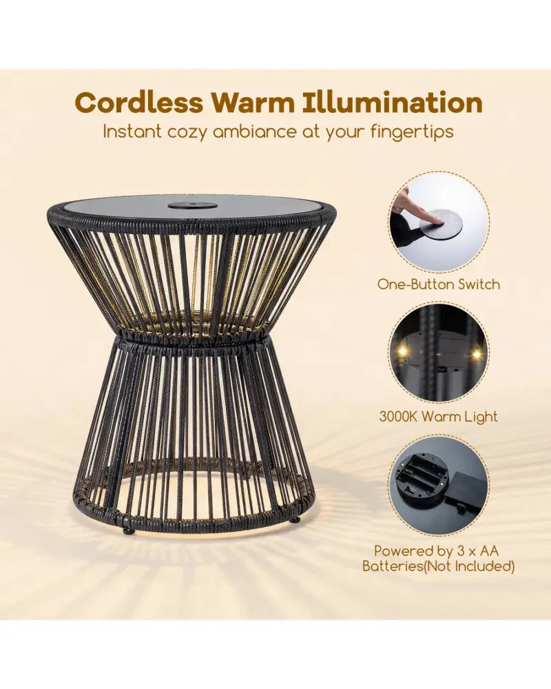Outdoor Side Table with LED Warm Light and Tempered Glass Top-Black - Black - Patio Coffee Tables