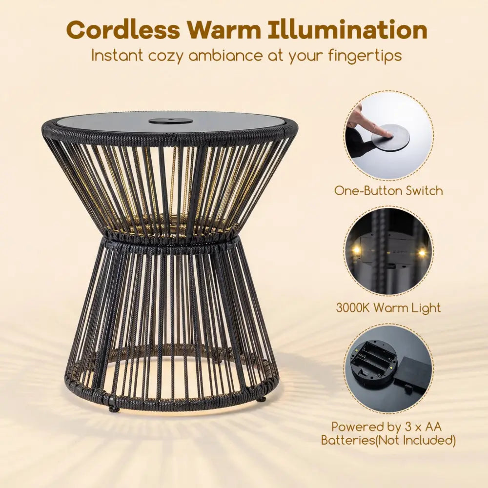 Outdoor Side Table with LED Warm Light and Tempered Glass Top-Black - Black - Patio Coffee Tables
