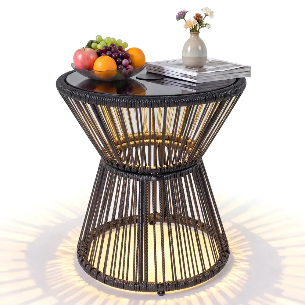 Outdoor Side Table with LED Warm Light and Tempered Glass Top-Black - Black - Patio Coffee Tables