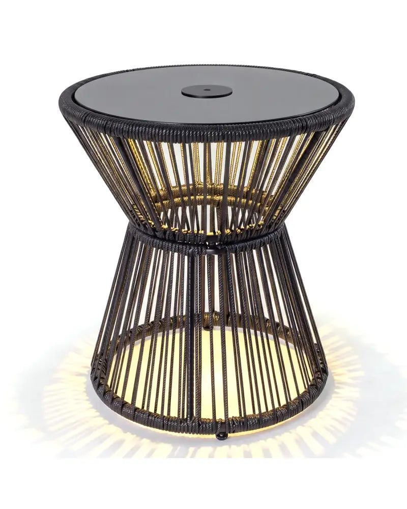 Outdoor Side Table with LED Warm Light and Tempered Glass Top-Black - Black - Patio Coffee Tables