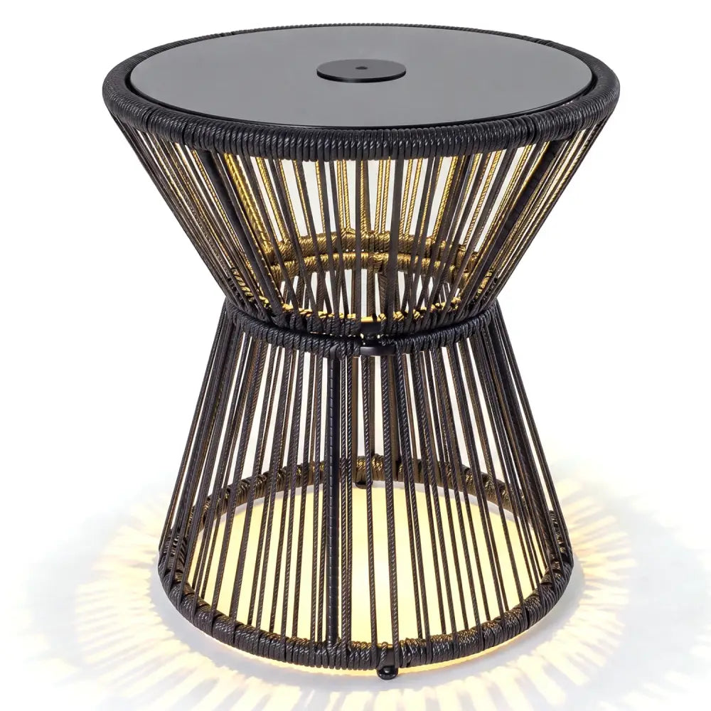 Outdoor Side Table with LED Warm Light and Tempered Glass Top-Black - Black - Patio Coffee Tables