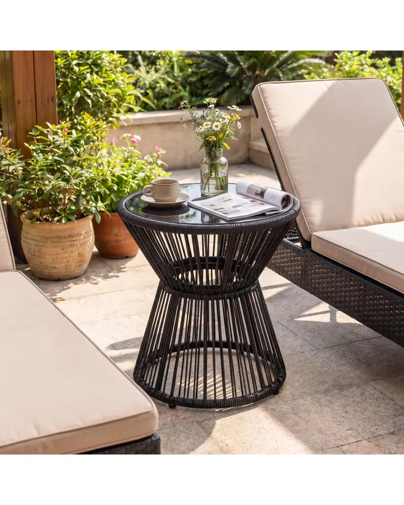 Outdoor Side Table with LED Warm Light and Tempered Glass Top-Black - Black - Patio Coffee Tables