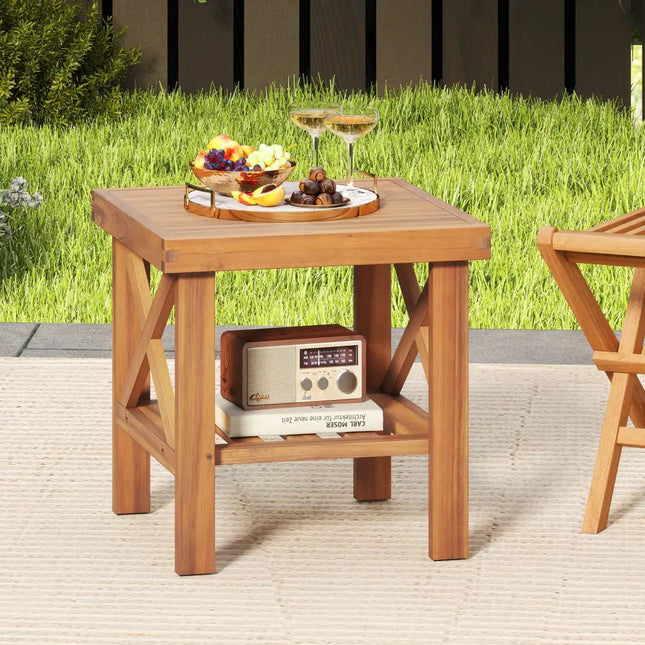 Outdoor Side Table with Storage Shelf for Small Space - Natural - Patio Coffee Tables