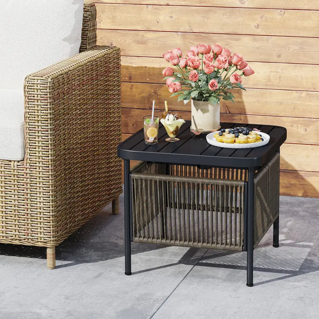 Outdoor Side Table with Umbrella Hole and Storage Shelf - Black - Patio Coffee Tables