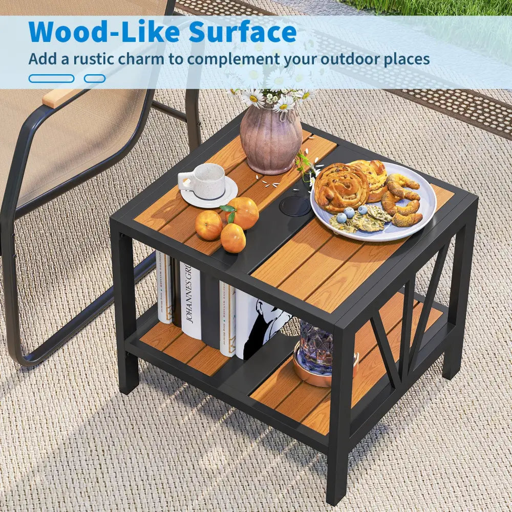 Outdoor Side Table with Umbrella Hole and Storage Shelf for Porch - Patio Coffee Tables