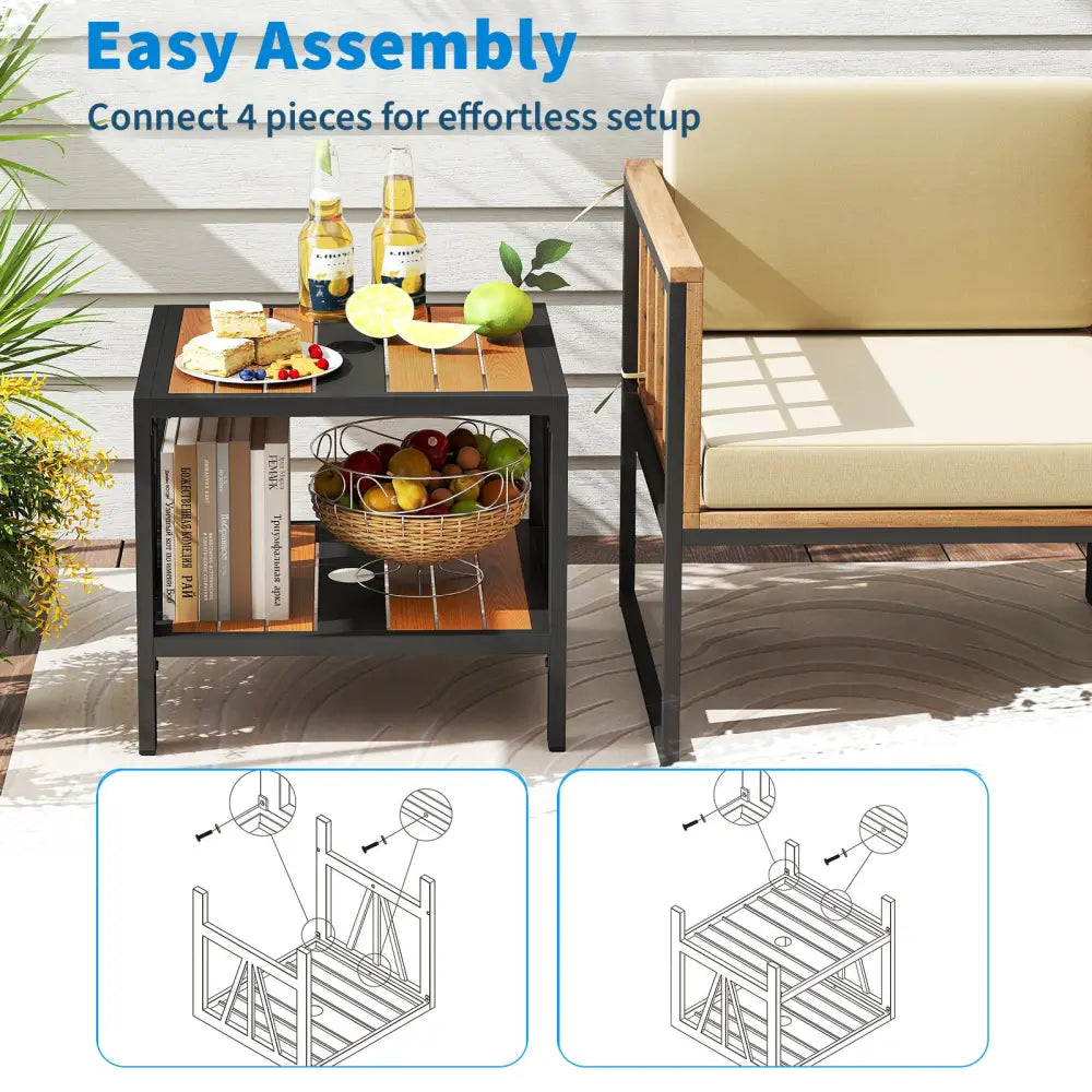 Outdoor Side Table with Umbrella Hole and Storage Shelf for Porch - Patio Coffee Tables