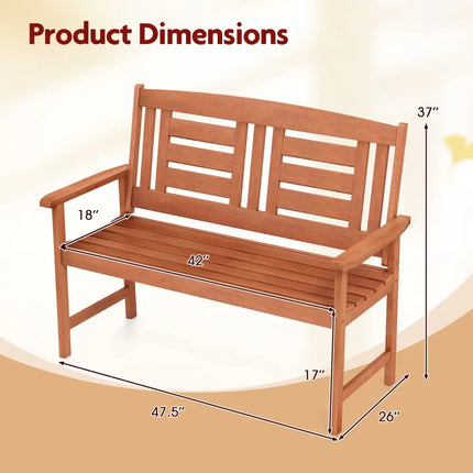 Outdoor Solid Wood Loveseat Hardwood 2-Seat Bench with Inclined Backrest and Slatted Seat - Natural - Outdoor Benches