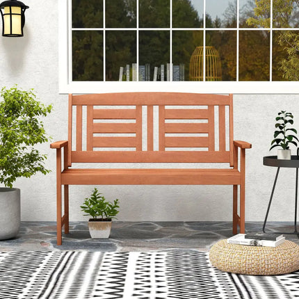 Outdoor Solid Wood Loveseat Hardwood 2-Seat Bench with Inclined Backrest and Slatted Seat - Natural - Outdoor Benches
