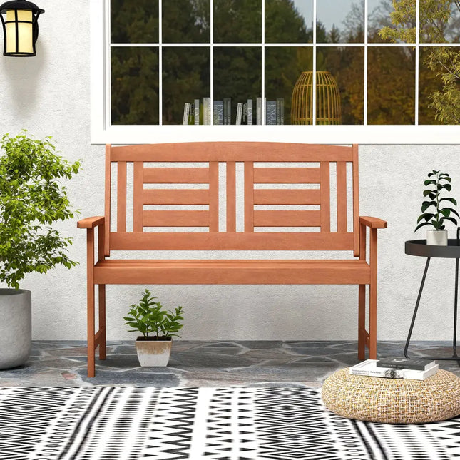 Outdoor Solid Wood Loveseat Hardwood 2-Seat Bench with Inclined Backrest and Slatted Seat - Natural - Outdoor Benches