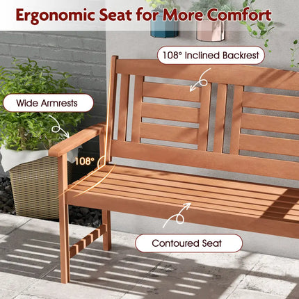 Outdoor Solid Wood Loveseat Hardwood 2-Seat Bench with Inclined Backrest and Slatted Seat - Natural - Outdoor Benches