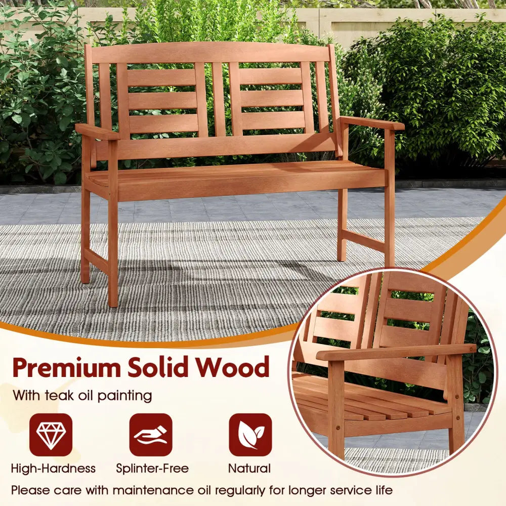 Outdoor Solid Wood Loveseat Hardwood 2-Seat Bench with Inclined Backrest and Slatted Seat - Natural - Outdoor Benches