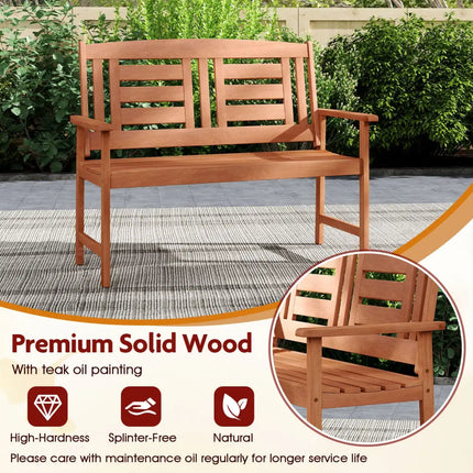 Outdoor Solid Wood Loveseat Hardwood 2-Seat Bench with Inclined Backrest and Slatted Seat - Natural - Outdoor Benches
