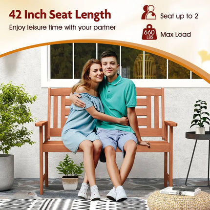Outdoor Solid Wood Loveseat Hardwood 2-Seat Bench with Inclined Backrest and Slatted Seat - Natural - Outdoor Benches
