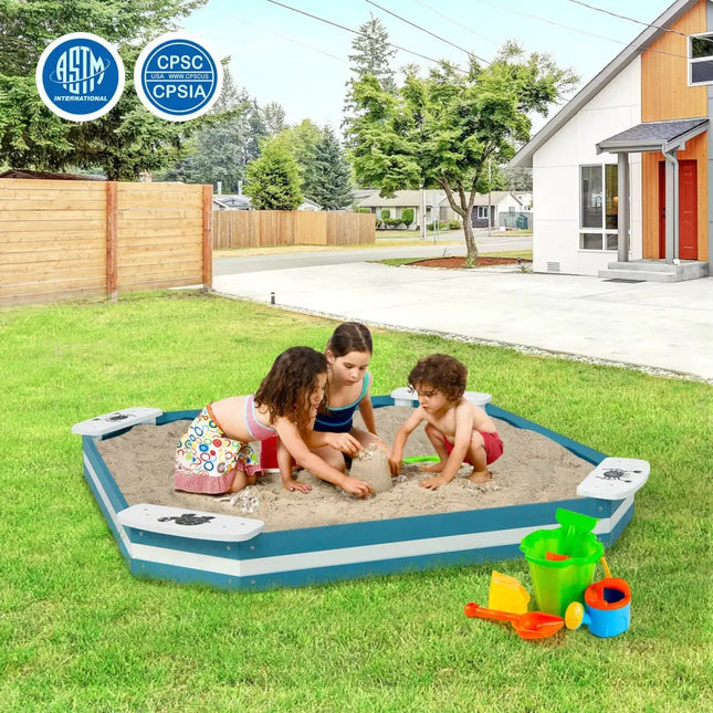 Outdoor Solid Wood Sandbox with 4 Built-in Animal Patterns Seats - Blue - Sandboxes