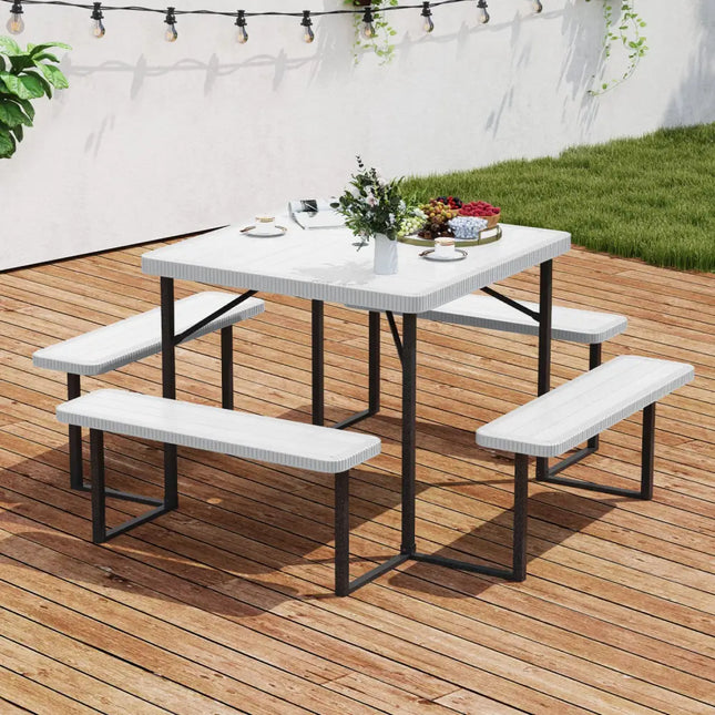 Outdoor Square Picnic Table Bench Set for 4-8 People with Umbrella Hole-White - White - Picnic Tables
