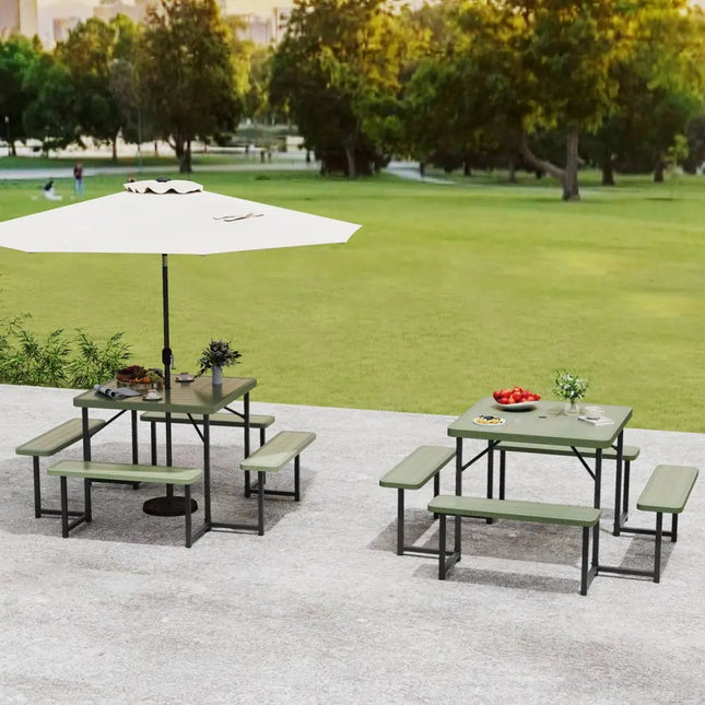 Outdoor Square Picnic Table Bench Set for 4-8 People with Umbrella Hole-Green - Green - Picnic Tables