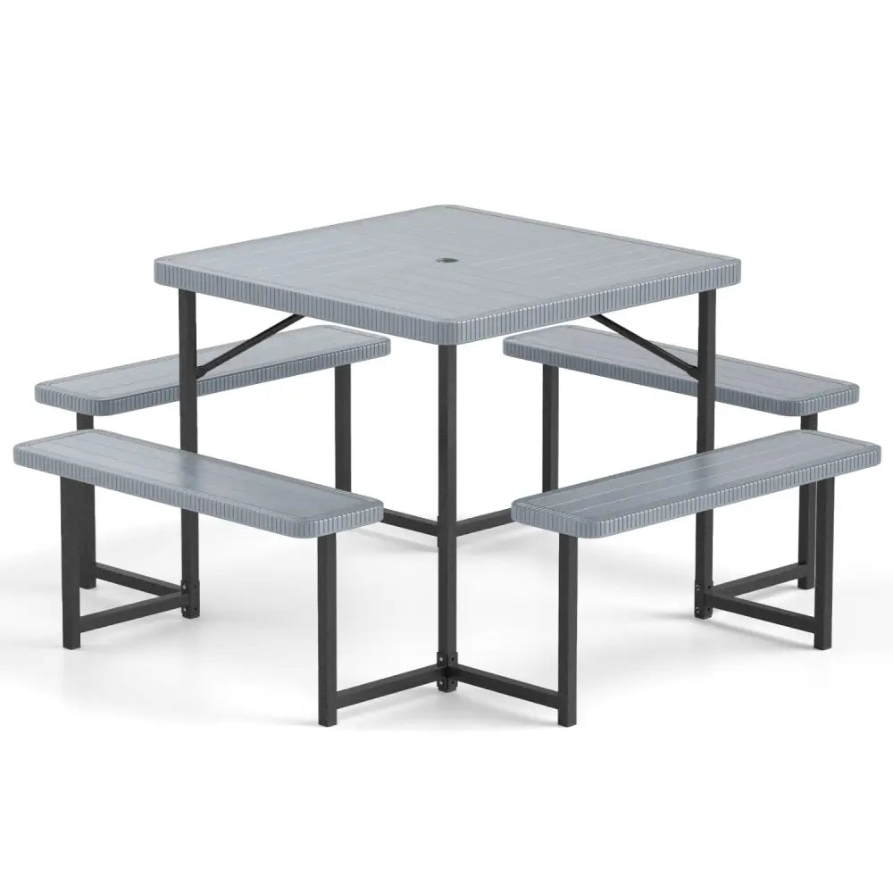 Outdoor Square Picnic Table Bench Set for 4-8 People with Umbrella Hole-Gray - Gray - Picnic Tables
