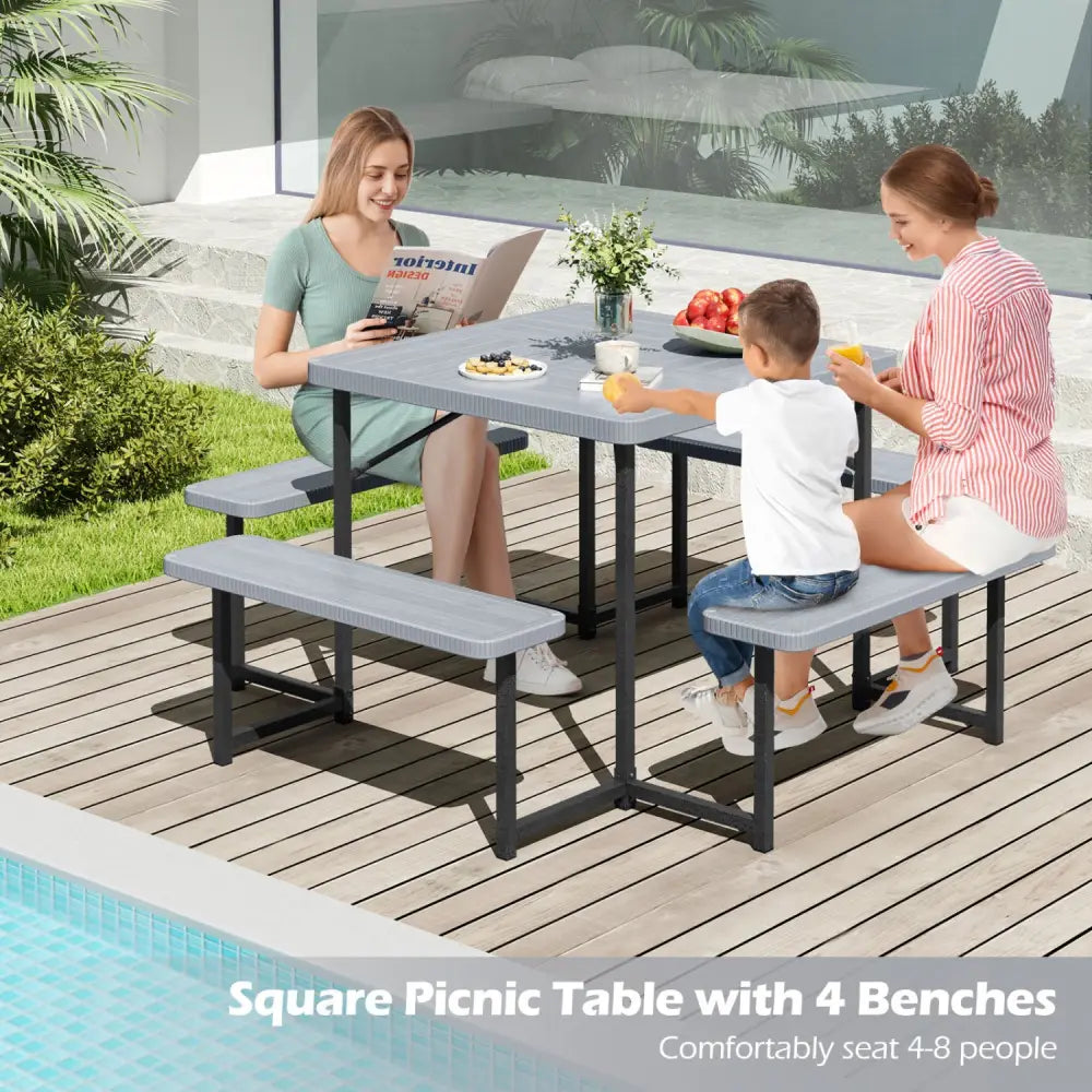 Outdoor Square Picnic Table Bench Set for 4-8 People with Umbrella Hole-Gray - Gray - Picnic Tables