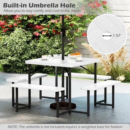 Outdoor Square Picnic Table Bench Set for 4-8 People with Umbrella Hole-White - White - Picnic Tables