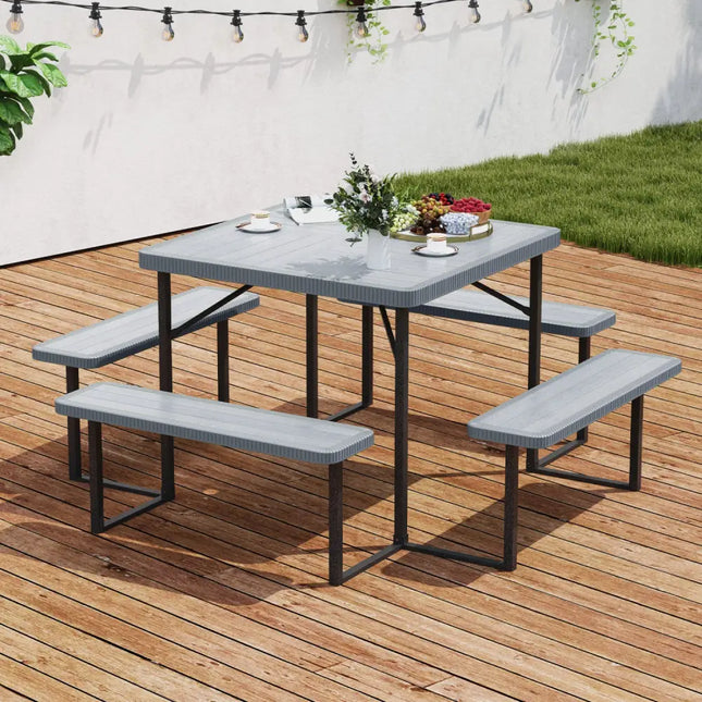Outdoor Square Picnic Table Bench Set for 4-8 People with Umbrella Hole-Gray - Gray - Picnic Tables