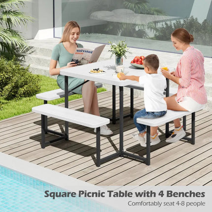 Outdoor Square Picnic Table Bench Set for 4-8 People with Umbrella Hole-White - White - Picnic Tables