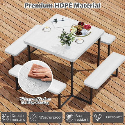 Outdoor Square Picnic Table Bench Set for 4-8 People with Umbrella Hole-White - White - Picnic Tables